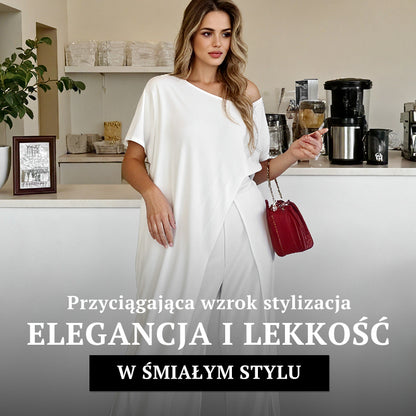 Jednolity kolorowy top i spodnie z odkrytymi ramionami