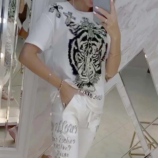 🐯Casualowy 2-częściowy zestaw z topem z nadrukiem i spodniami ze sznurkiem