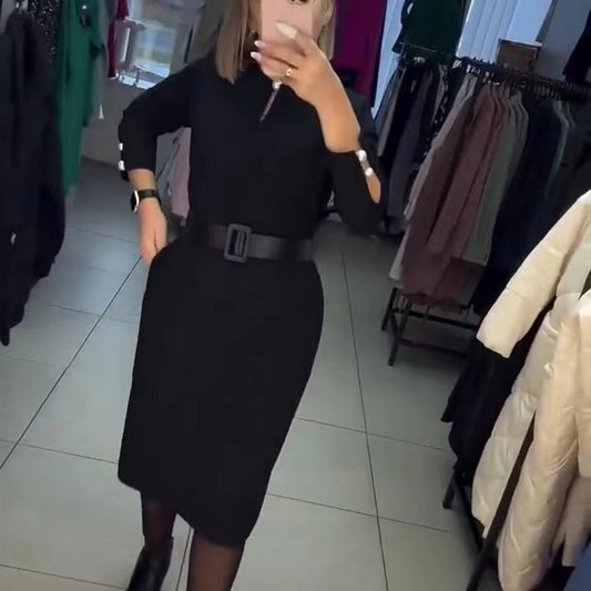 💞Elegancka sukienka w jednolitym kolorze z paskiem na jesień i zimę