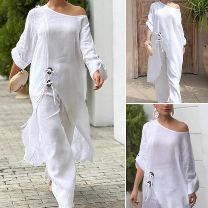 Dwuczęściowy zestaw damski w jednolitym kolorze ze skośnymi ramionami i spodniami