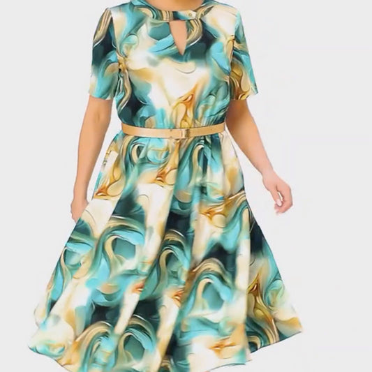 Elegancka, modna damska sukienka z krótkim rękawem (z paskiem)