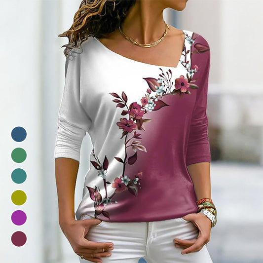 Damska koszulka z długim rękawem V-Neck Floral Colorblock