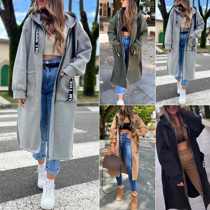 🍁 Długa, jednokolorowa damska bluza z kapturem w stylu casualowym