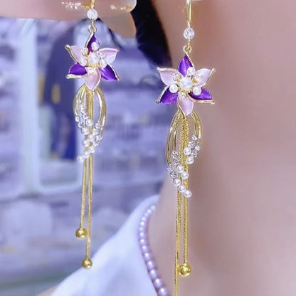 💎 Eleganckie kolczyki z frędzlami w fioletowe kwiaty