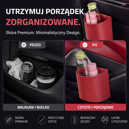 🚗 Skórzany uchwyt na kubek do drzwi samochodu – szeroki otwór, łatwy dostęp do napojów i telefonu. Bezpieczne mocowanie na klips. Wykonany ze skóry PU, wytrzymały i stylowy. 🛡️✨