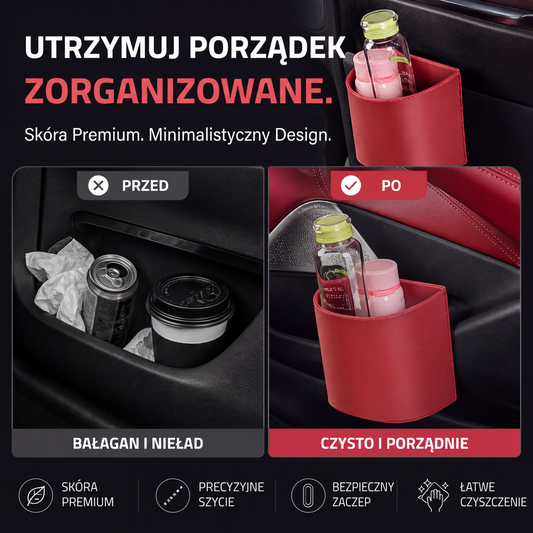 🚗 Skórzany uchwyt na kubek do drzwi samochodu – szeroki otwór, łatwy dostęp do napojów i telefonu. Bezpieczne mocowanie na klips. Wykonany ze skóry PU, wytrzymały i stylowy. 🛡️✨