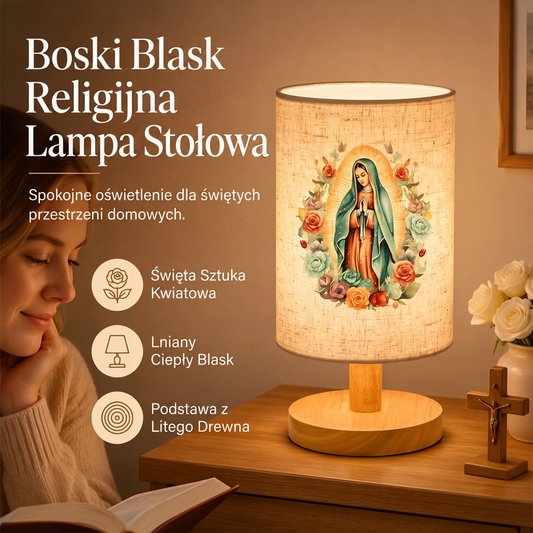 Drewniana lampa stołowa z wzorem Matki Boskiej
